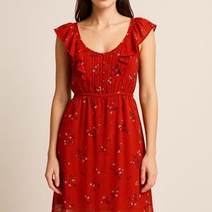 American Eagle Red Floral Ruffle Tank Midi Dress Size M